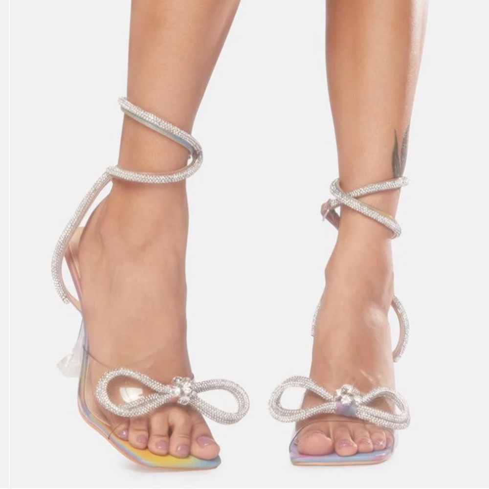 Rhinestone clear bow heels.